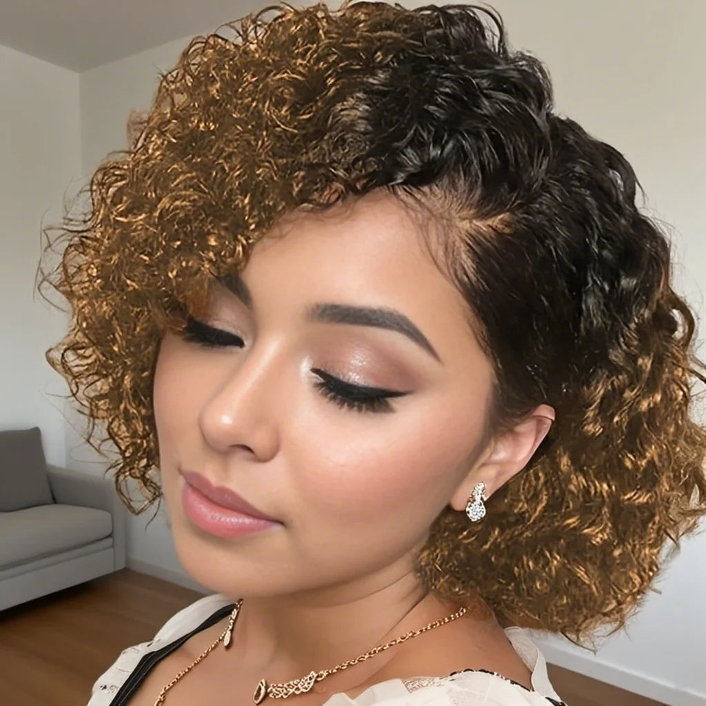 Coleção Thaïs - peruca pixie curta cachos, ondas profundas rebda 13x4, cabelo humano premium