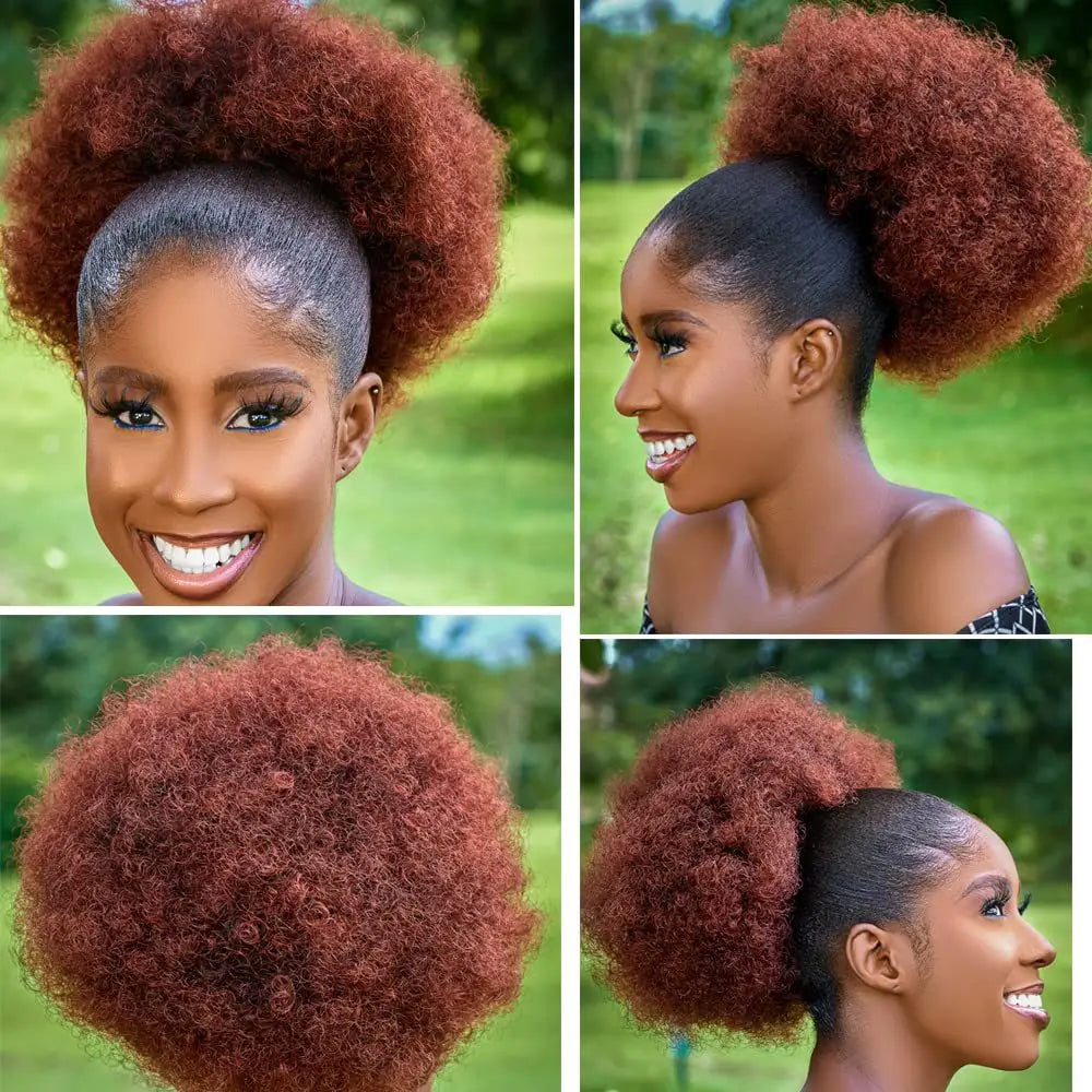Coleção Yara - extensão rabo de cavalo afro, cachos kinky 4B 4C e coque natural