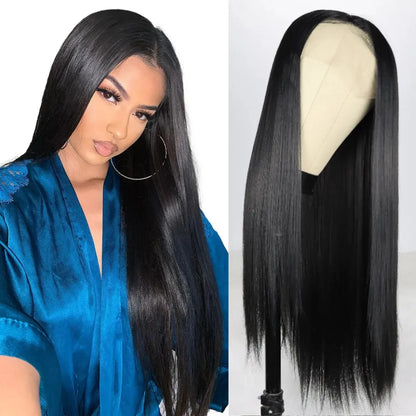 Erieth Onyx - peruca lisa longa preta natural renda frontal hd e pré-arrancada sem cola