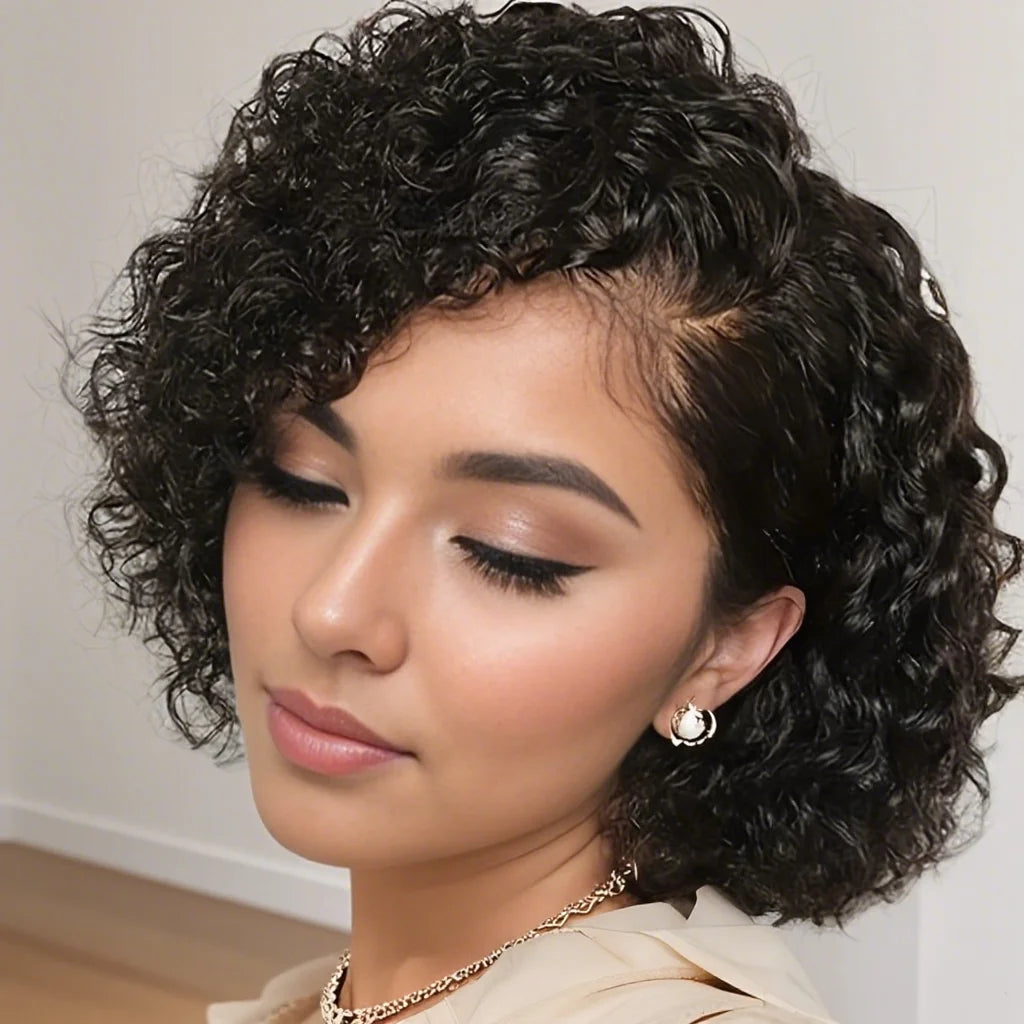 Coleção Thaïs - peruca pixie curta cachos, ondas profundas rebda 13x4, cabelo humano premium
