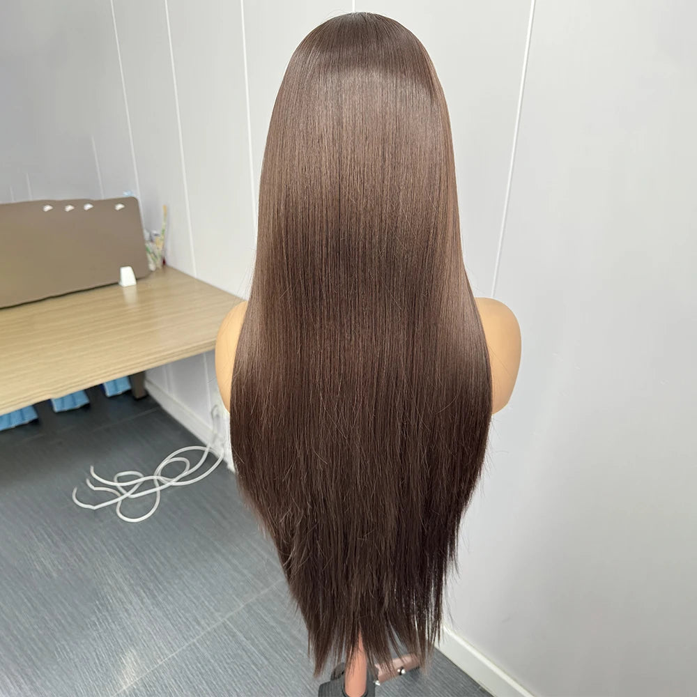 Brunette Cacao - peruca lisa longa castanho escuro renda frontal, perfeito para uso diário e festas