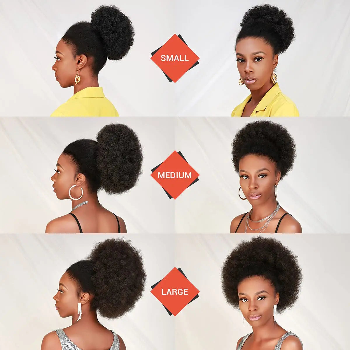 Coleção Yara - extensão rabo de cavalo afro, cachos kinky 4B 4C e coque natural