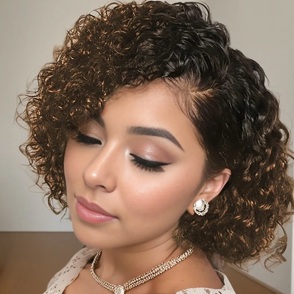 Coleção Thaïs - peruca pixie curta cachos, ondas profundas rebda 13x4, cabelo humano premium