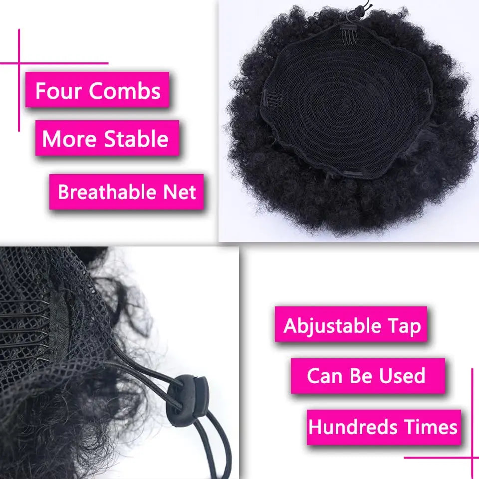 Coleção Yara - extensão rabo de cavalo afro, cachos kinky 4B 4C e coque natural