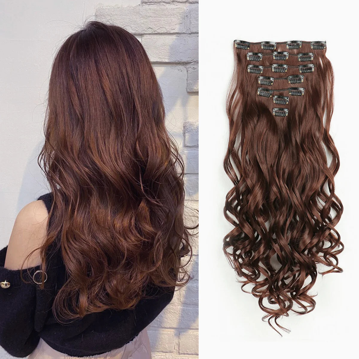 Estefânia Ondina-  clip-in ondas longas 7 peças, 55cm sintético natural volumoso, cabeça completa