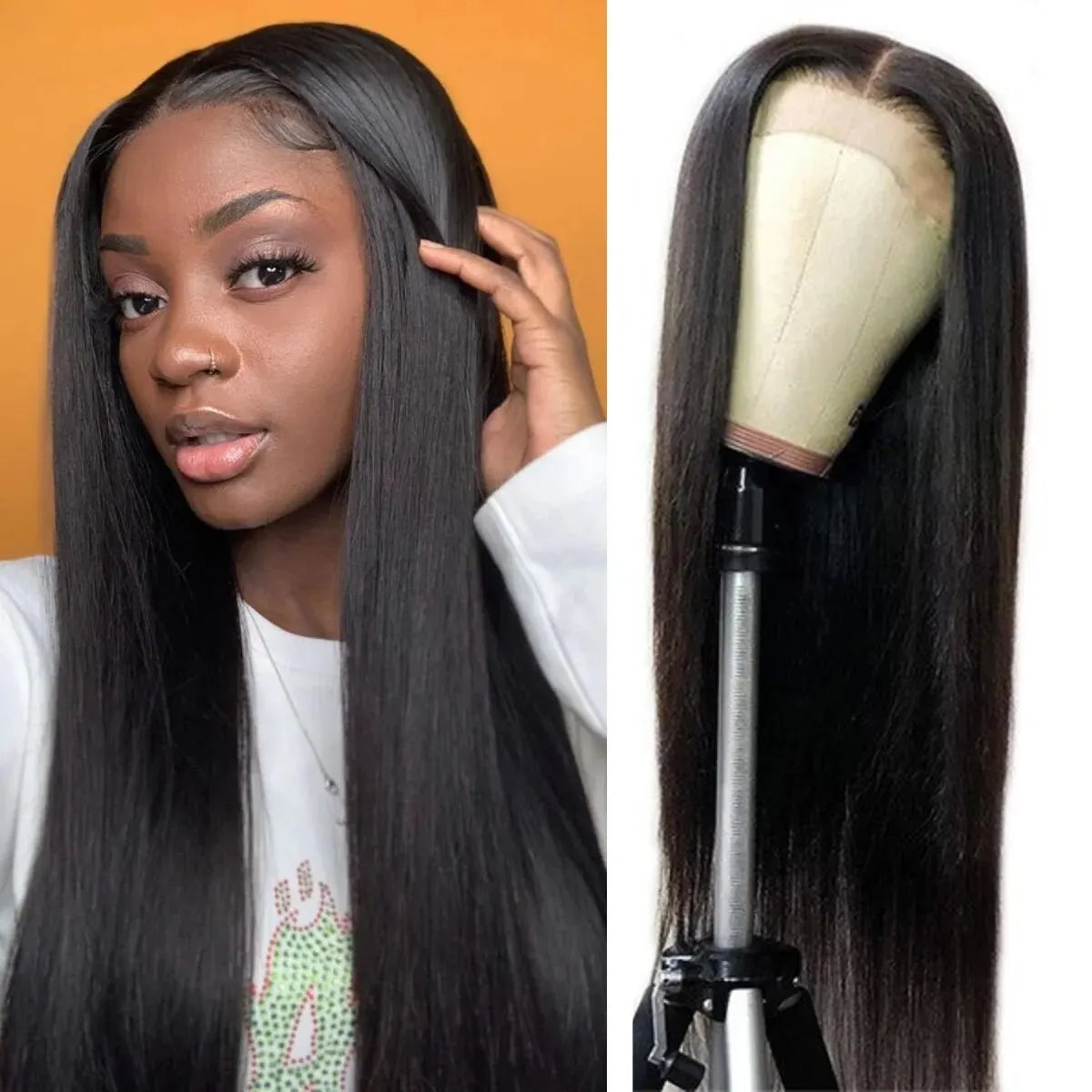 Erieth Onyx - peruca lisa longa preta natural renda frontal hd e pré-arrancada sem cola