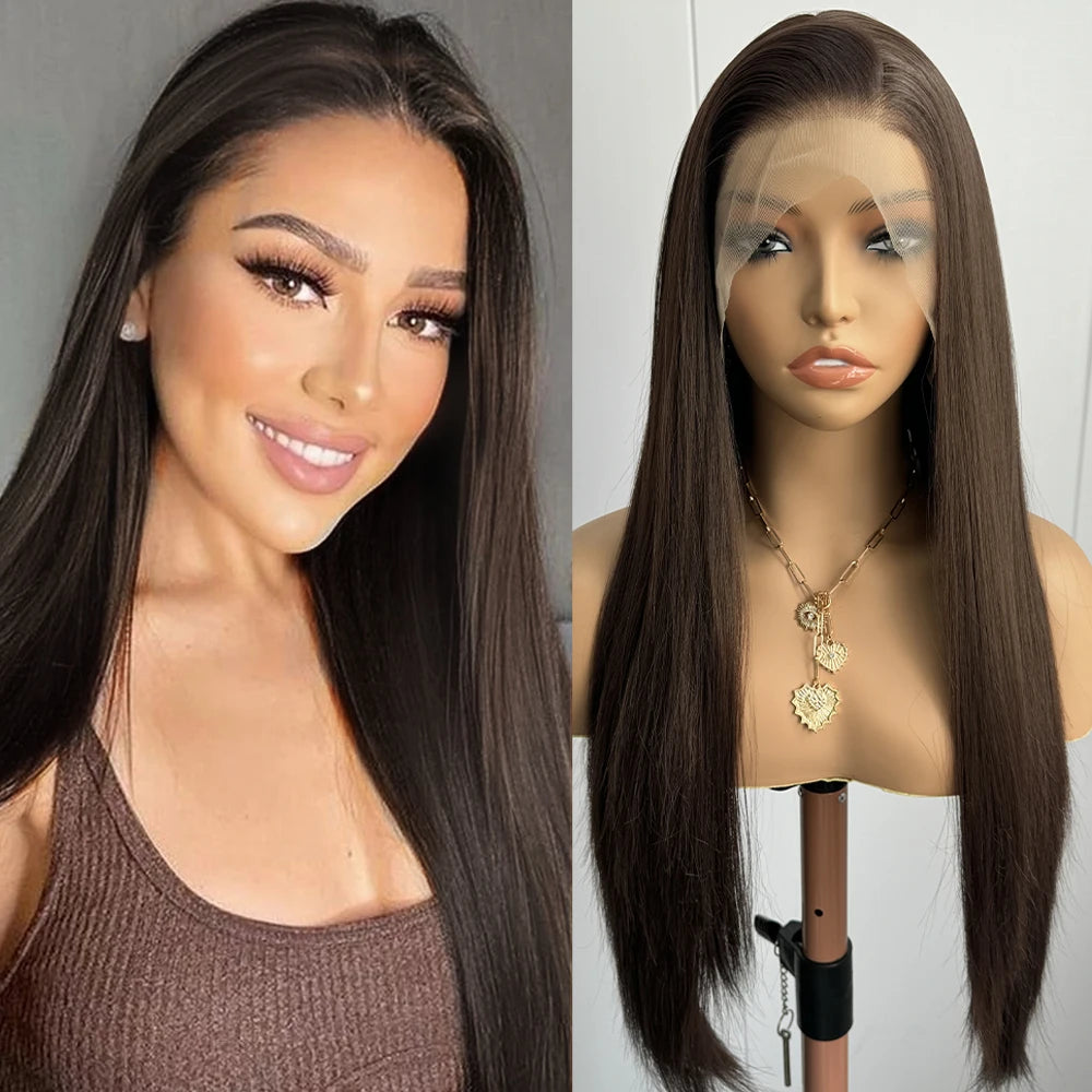 Brunette Cacao - peruca lisa longa castanho escuro renda frontal, perfeito para uso diário e festas