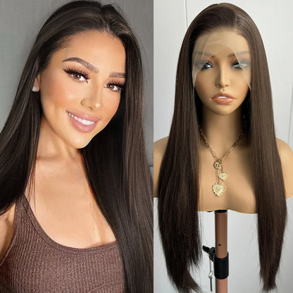 Brunette Cacao - peruca lisa longa castanho escuro renda frontal, perfeito para uso diário e festas