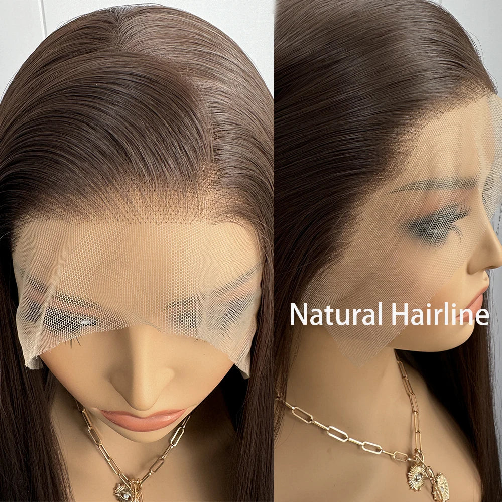 Brunette Cacao - peruca lisa longa castanho escuro renda frontal, perfeito para uso diário e festas
