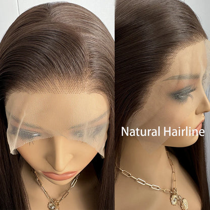 Brunette Cacao - peruca lisa longa castanho escuro renda frontal, perfeito para uso diário e festas
