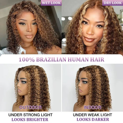 Alinne Santos - peruca bob cachos com reflexos, renda frontal 13x4 e ombré brasileiro