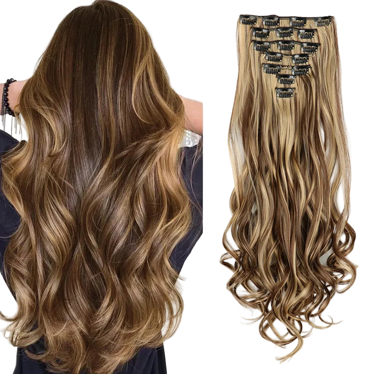 Estefânia Ondina-  clip-in ondas longas 7 peças, 55cm sintético natural volumoso, cabeça completa