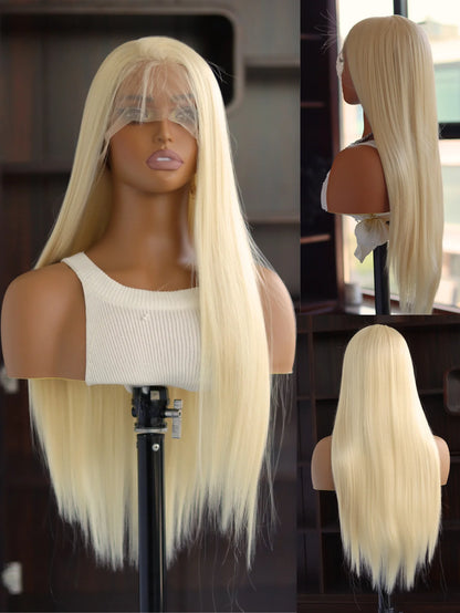 Coleção Silvia Givrée - peruca lisa loiro platinado renda frontal pré-arrancada e fibra premium