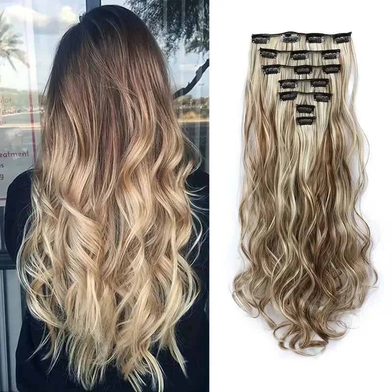 Estefânia Ondina-  clip-in ondas longas 7 peças, 55cm sintético natural volumoso, cabeça completa