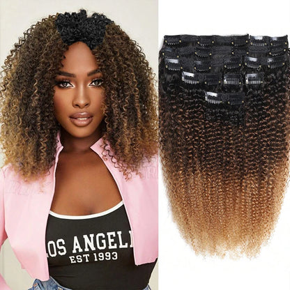 Yolanda Diniz - conjunto de 8 peças clip-in afro ombré, cachos naturais cabelo humano e volume máximo