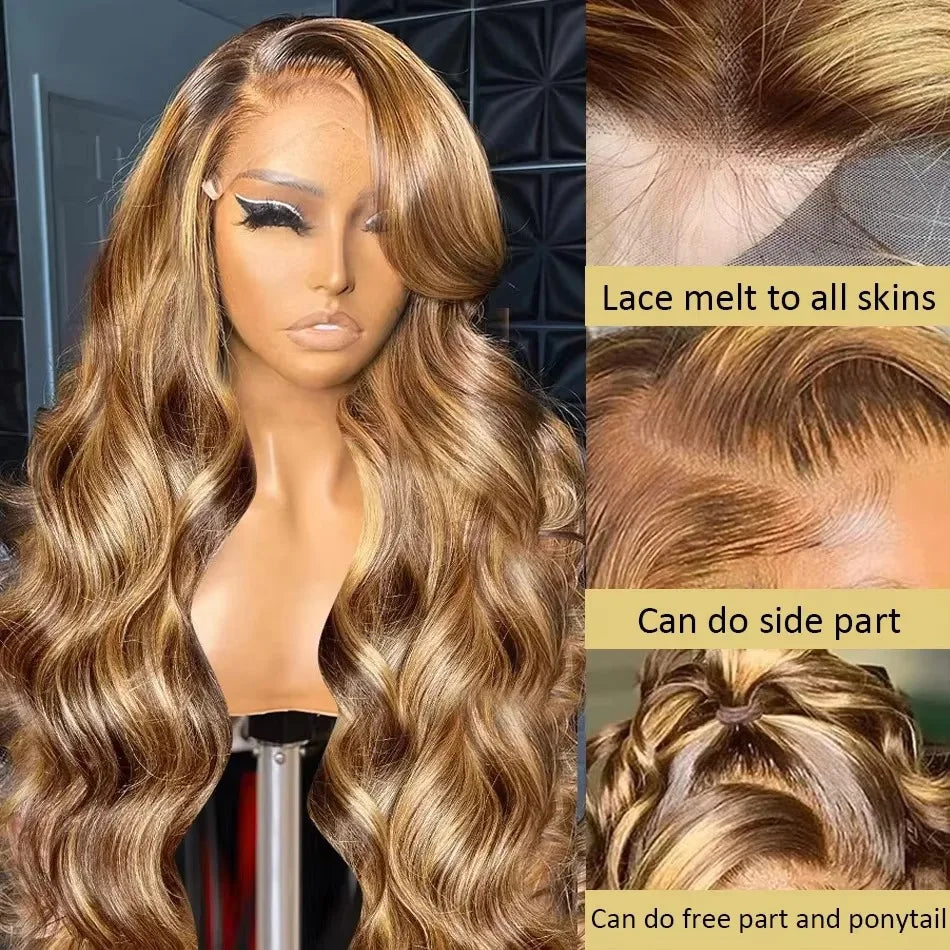 Maria Ambre - peruca de ondas reflexos mel HD com renda de  13x6 e 96cm de densidade premium