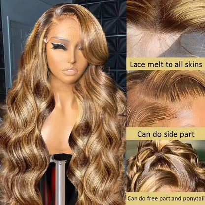Maria Ambre - peruca de ondas reflexos mel HD com renda de  13x6 e 96cm de densidade premium