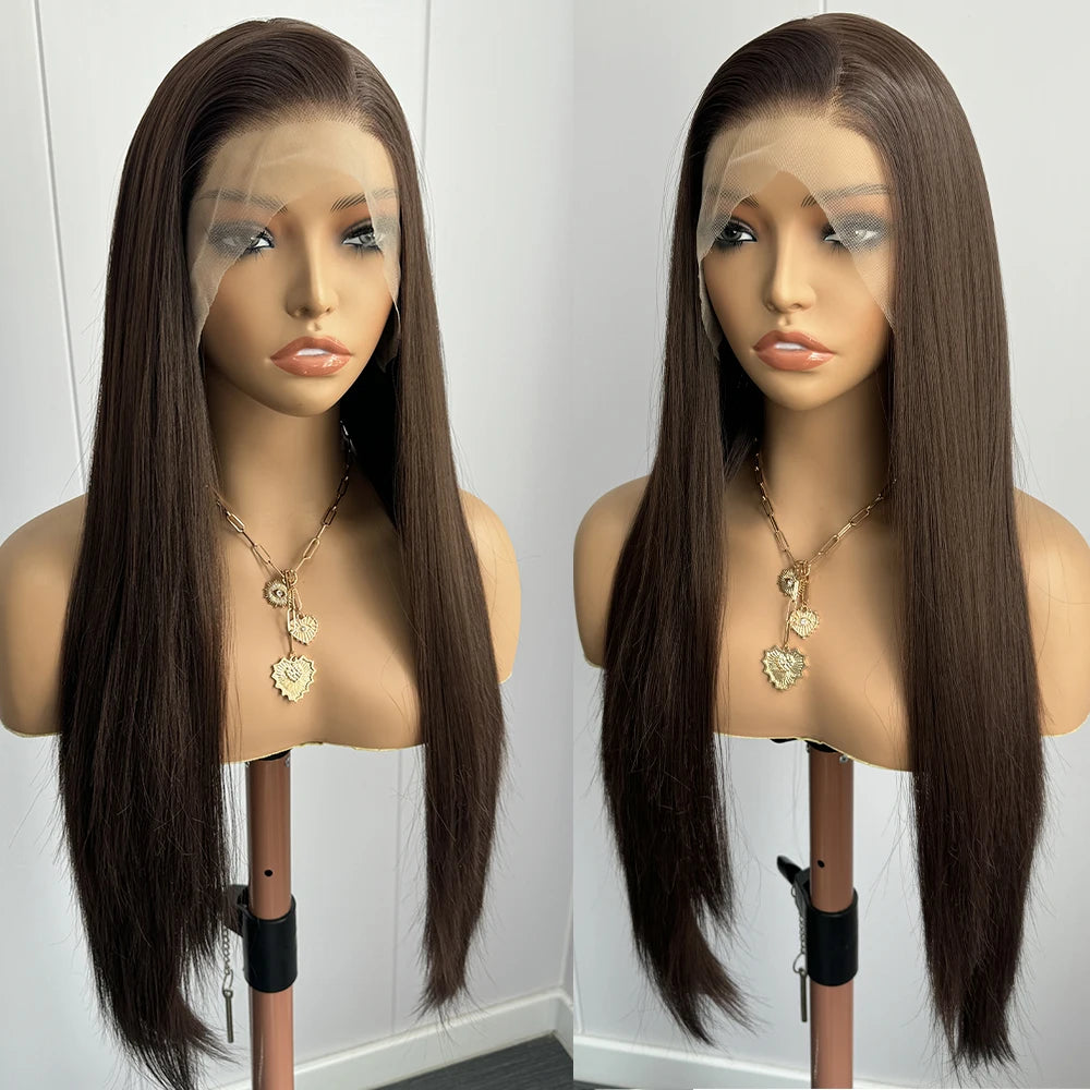Brunette Cacao - peruca lisa longa castanho escuro renda frontal, perfeito para uso diário e festas