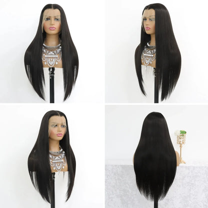 Erieth Onyx - peruca lisa longa preta natural renda frontal hd e pré-arrancada sem cola