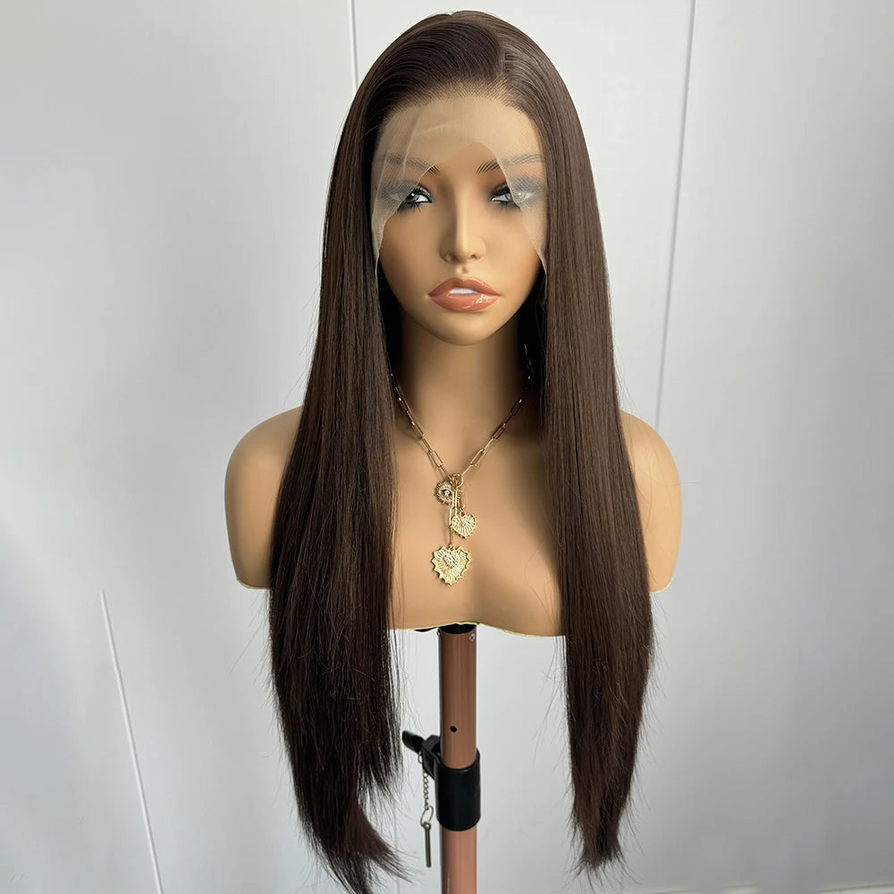 Brunette Cacao - peruca lisa longa castanho escuro renda frontal, perfeito para uso diário e festas