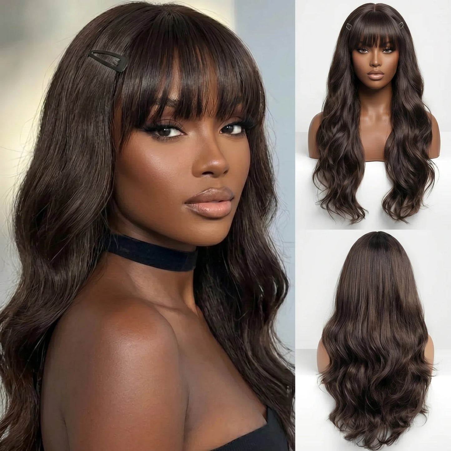 Seraphine Rossella - Peruca ondas longas com franja, fibra premium e várias cores